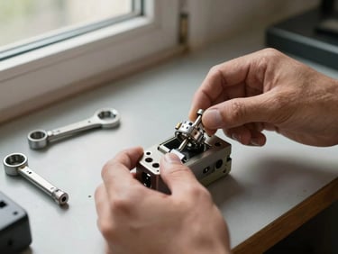 Close-up of a locksmith's hands removing a pin tumbler cylinder from a door lock body on a workbench, daylight from a side window, tools laid flat beside it