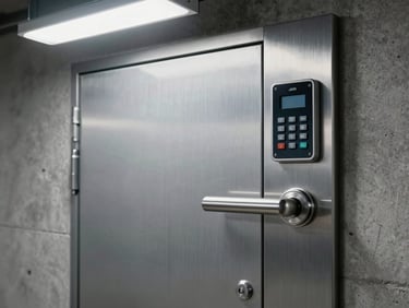 Wide shot of a commercial steel door entry with a heavy-duty lever handle and access control keypad mounted on a concrete wall, cool overhead fluorescent light
