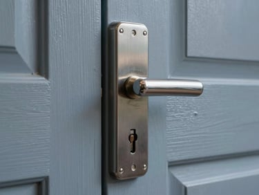 Close-up of a residential deadbolt lock on a painted wood door, cool overhead light, sharp focus on keyway and bolt hardware