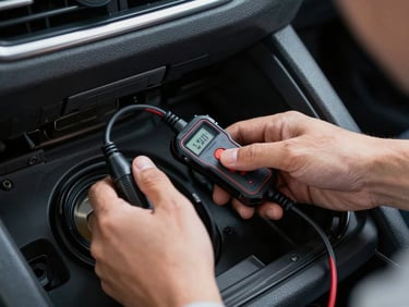 Close-up of a technician's hands connecting an OBD diagnostic programmer to a car port under a dash, cool ambient light inside vehicle interior, cables in focus