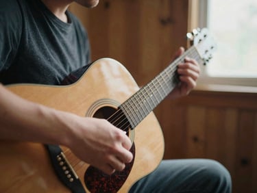 Close-up of hands playing an acoustic guitar in a warm, wood-floored room, shallow depth of field, soft window light, 35mm.