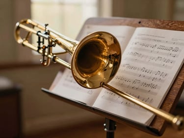 Tactile close-up of a vintage trombone resting on a wooden music stand with sheet music, brass reflections, warm golden hour light, 35mm.