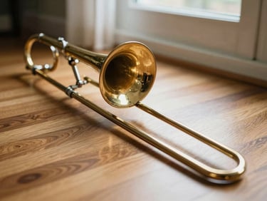 Tactile close-up of a vintage trombone resting on a polished hardwood floor, soft residential window light casting long shadows, warm oak tones, 35mm photography