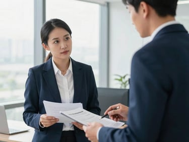 Professional business interaction, calm and respectful, in a modern office, bright natural lighting, focus on two people discussing documents.