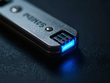 Macro close-up of a hardware security key with cool blue terminal glow, low-key lighting, sharp technical details, 35mm
