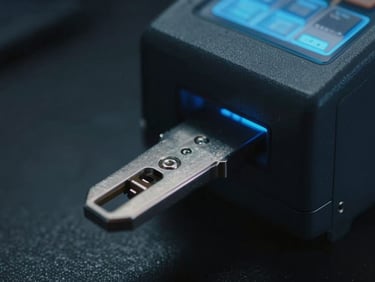 Macro close-up of a physical hardware security key plugged into a terminal, cold blue and white glow, sharp focus on metallic contacts, dark technical background, 35mm cinematic photography.