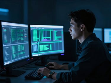 Low-light cinematic photo of a cybersecurity operator in profile, illuminated only by the cool blue and green glow of terminal monitors, high-contrast shadows, 35mm lens.