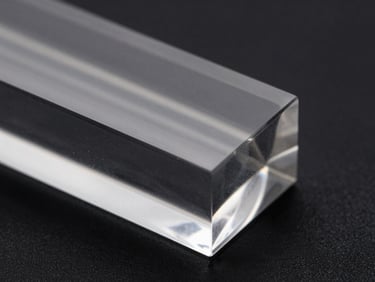 Macro studio shot of a molded transparent polymer block with sharp geometric edges, glossy reflections, deep black background