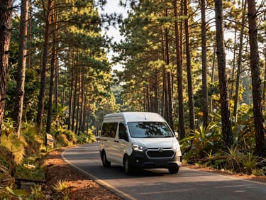 Modern passenger van driving through a scenic pine forest road in Batu, bright crisp morning light, rich saturated tones