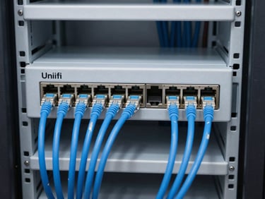 Clean server rack wiring with blue Ethernet cables connected to a UniFi switch, neat cable management, cool daylight, sharp focus