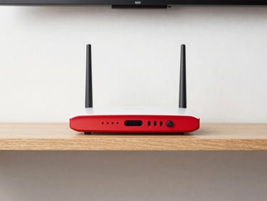 A sleek red and white consumer router on a wooden shelf, tidy environment, bright daylight, clean focus