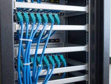 Neat server rack wiring with blue and teal patch cables, perfectly organized with cable management ties, bright daylight, 35mm