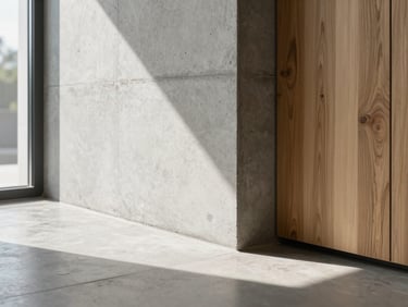 Close-up of a perfectly finished modern interior wall meeting a polished concrete floor, sharp geometric alignments, natural light streaming from a side window, 35mm lens.