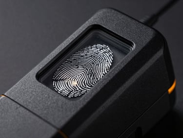 Macro shot of a modern biometric fingerprint reader, illuminated sensor, matte black finish, technical aesthetic.