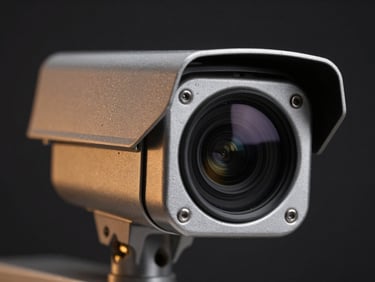 Close-up of a bullet security camera lens, metallic chassis, sharp focus, dark studio background with subtle amber rim light.