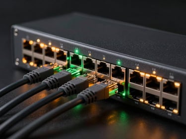 Close-up of a high-performance network switch with glowing amber and green LED ports, ethernet cables plugged in, dark studio lighting.