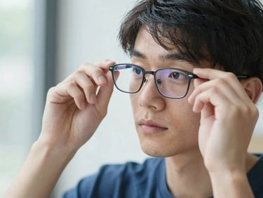 A person putting on glasses, looking thoughtfully, natural daylight, soft focus, deep blue accents.