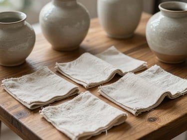 Macro close-up of textured ceramic vessels and linen textile swatches arranged neatly on a wooden table, soft natural daylight.