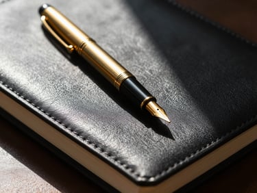 Macro shot of a luxury workspace detail, a gold fountain pen resting on a dark structured leather notebook, sharp shadows, warm direct sunlight, cinematic editorial photography.