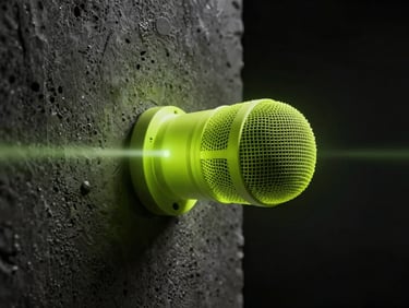 Abstract close-up of a contact microphone attached to a textured concrete pillar, dramatic dark lighting with subtle acid lime glow.