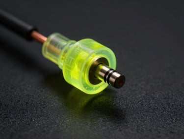 Macro photography of audio cables and copper wires connected to a custom transducer, glowing acid lime gel light, dark charcoal background, high-contrast.