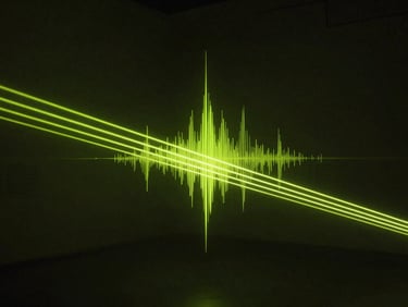 High-contrast experimental photograph of an abstract sound installation in a dark gallery, glowing acid lime laser lines cutting through haze, deep charcoal shadows.