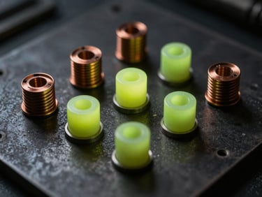 Macro photography of copper coils and transducers on a dark metal plate, illuminated by sharp acid lime green gel lights, high-contrast shadows.