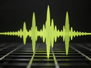 Moody experimental visual of sound waves diffracting through a geometric metal grid, dark charcoal background, high-contrast lime highlights.