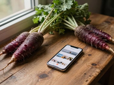 Overhead shot of a rustic wooden table with raw root vegetables and a smartphone showing a clean Instagram feed, warm window light.