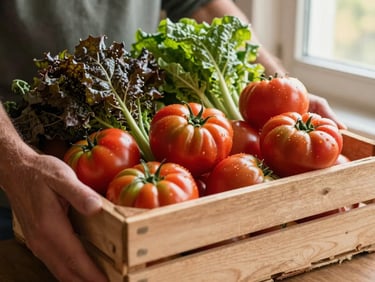 Close-up of a local farmer's hands holding a wooden crate overflowing with freshly harvested heirloom tomatoes and dark leafy greens, warm golden hour light, natural textures, 35mm.