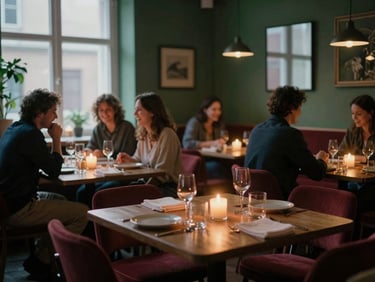 Cozy Scandinavian-style restaurant dining room at dusk, warm candle light, guests laughing softly in the background, 35mm