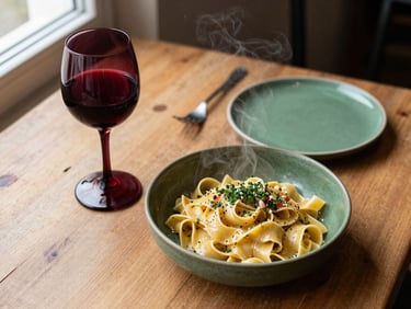 Overhead angle of a rustic wooden restaurant table with a bowl of steaming hand-rolled pasta, soft window light, deep crimson wine glass, matte forest green ceramic plate, cozy Scandinavian aesthetic, 35mm photography.