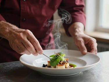 Close-up of a chef's hands plating a delicate dish under warm kitchen lights, steam rising, shallow depth of field, 35mm