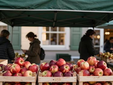 A bustling local farmers market stall under a dark green canopy, crates of apples in foreground, warm golden hour.