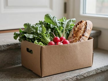A cardboard CSA box filled with leafy greens, radishes, and artisanal bread sitting on stone steps, soft focus.