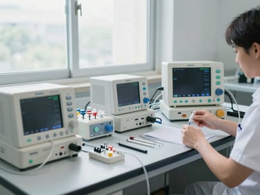 Wide shot of a clean biomedical service workbench, calibrated test equipment and tools arranged in order, a service technician's hands visible connecting a probe to a patient monitor, bright north-facing daylight through a service bay window, no clutter