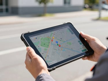 Close-up of a technical worker's hands holding a rugged tablet displaying a map with maintenance pins, bright Swiss daylight, outdoor municipal setting, 35mm