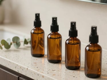 Close-up of reusable amber glass spray bottles on a terrazzo countertop, soft natural daylight reflecting off citrus and eucalyptus leaves nearby, clean architectural lines.