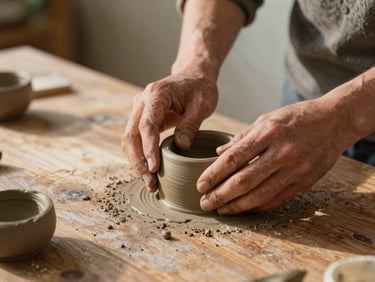 Hands working with raw clay on a rustic wooden table, soft natural side light, earthy tones.