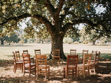 A circle of simple wooden chairs under a large oak tree, dappled afternoon light, peaceful atmosphere.