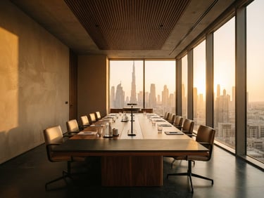 Warm editorial photography of a modern minimalist boardroom in Dubai at golden hour, sharp architectural focus, low-angle light, deep sand and charcoal tones