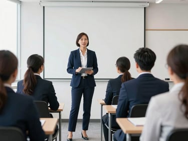Crisp editorial photo of a modern office training seminar, professional instructor presenting to federal staff, clean corporate navy tones, natural window light
