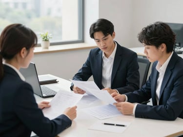 Clean, organized administrative office environment with professionals analyzing project planning documents over a large desk, bright natural light