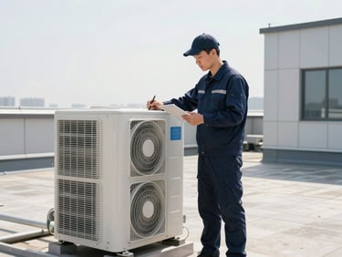 Active facility maintenance worker inspecting a commercial HVAC unit on a clean, modern rooftop under bright daylight, professional gear