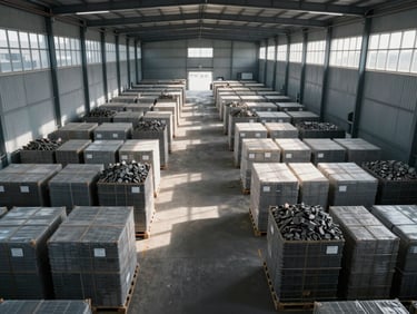 Symmetrical overhead view of raw bulk commodities stored in a clean, modern automated warehouse with sharp morning light streaming through high windows.