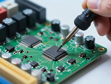 Macro shot of a technician soldering a micro-capacitor on a multi-layered server motherboard, bright cool-toned laboratory lighting, visible solder wire and precise iron tip.