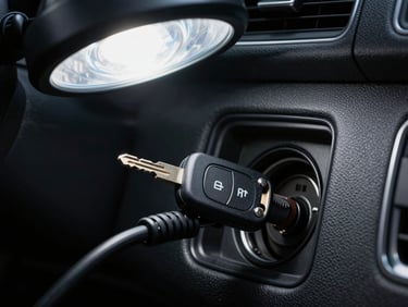 Close-up of a coded car key being inserted into an OBD programming device connected to a vehicle dashboard port, sharp overhead workshop light, dark interior, chrome key blade in focus