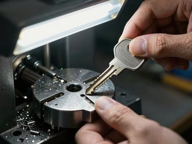 Extreme macro of hands inserting a freshly cut standard car key into a steel key-cutting machine, sharp workshop fluorescent light, dark background, chrome metal chips visible