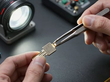 Close-up of a transponder key chip being held with precision tweezers under bright workshop light, dark workbench surface, electronic transponder programmer device partially visible in background