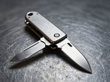 Macro shot of a switchblade car key folded open mid-action against a dark steel surface, bright side-lit workshop lighting revealing the chrome blade and pivot mechanism in sharp detail